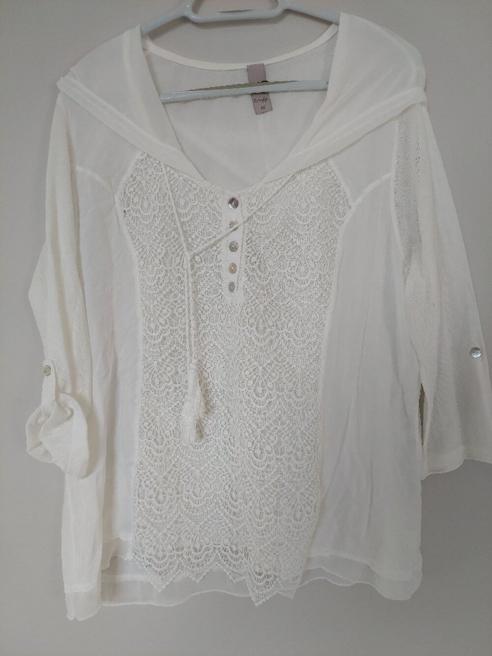TREDY Women's lace Drawstring Roll-Tab Hoodie in Ivory EU46 US 16 Boho